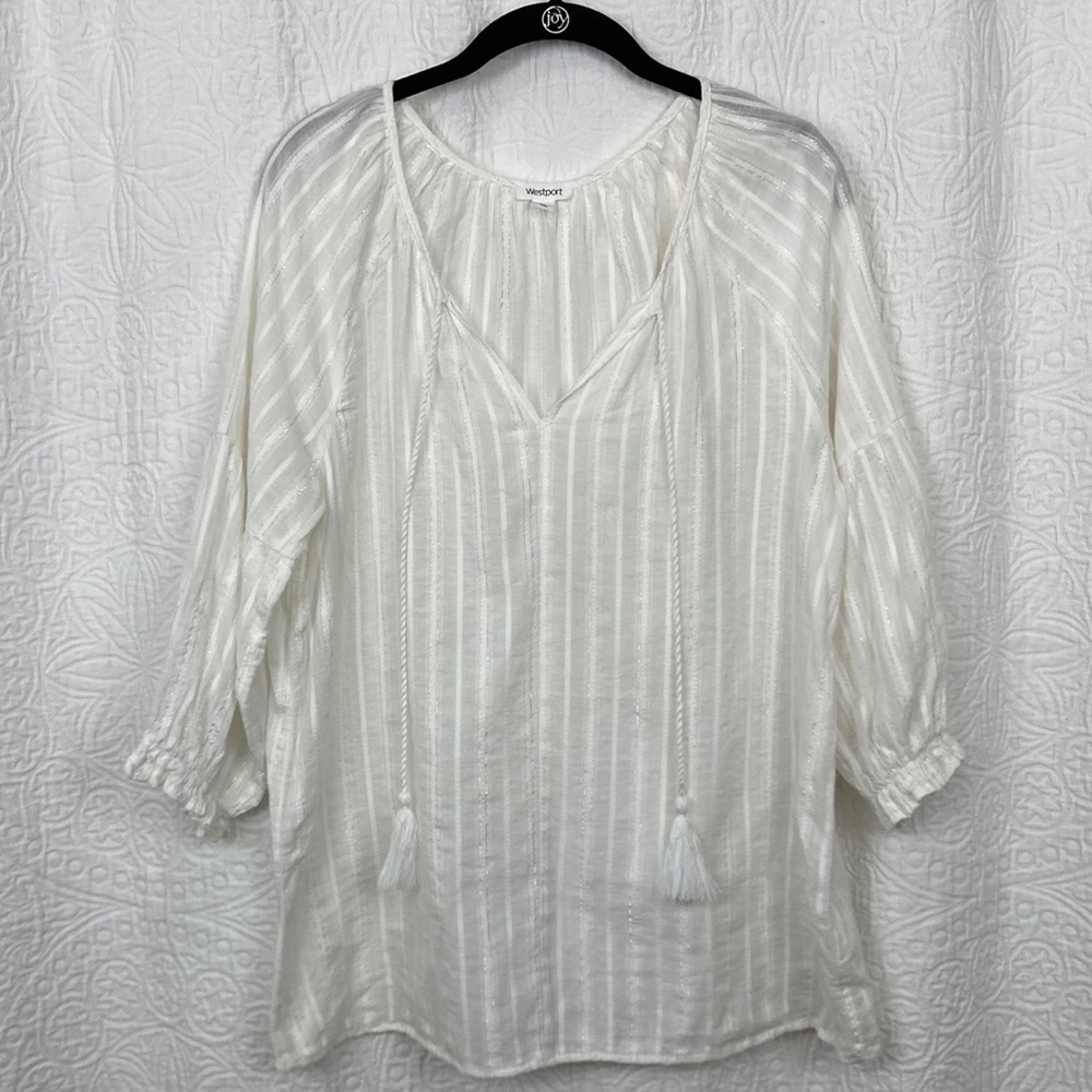 Westport Women's White Peasant Top Silver Sparkle Thread sz Large